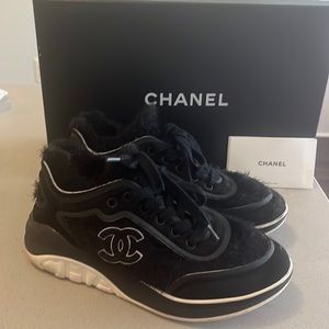 Chanel sneakers with fuzzy detail white and black
